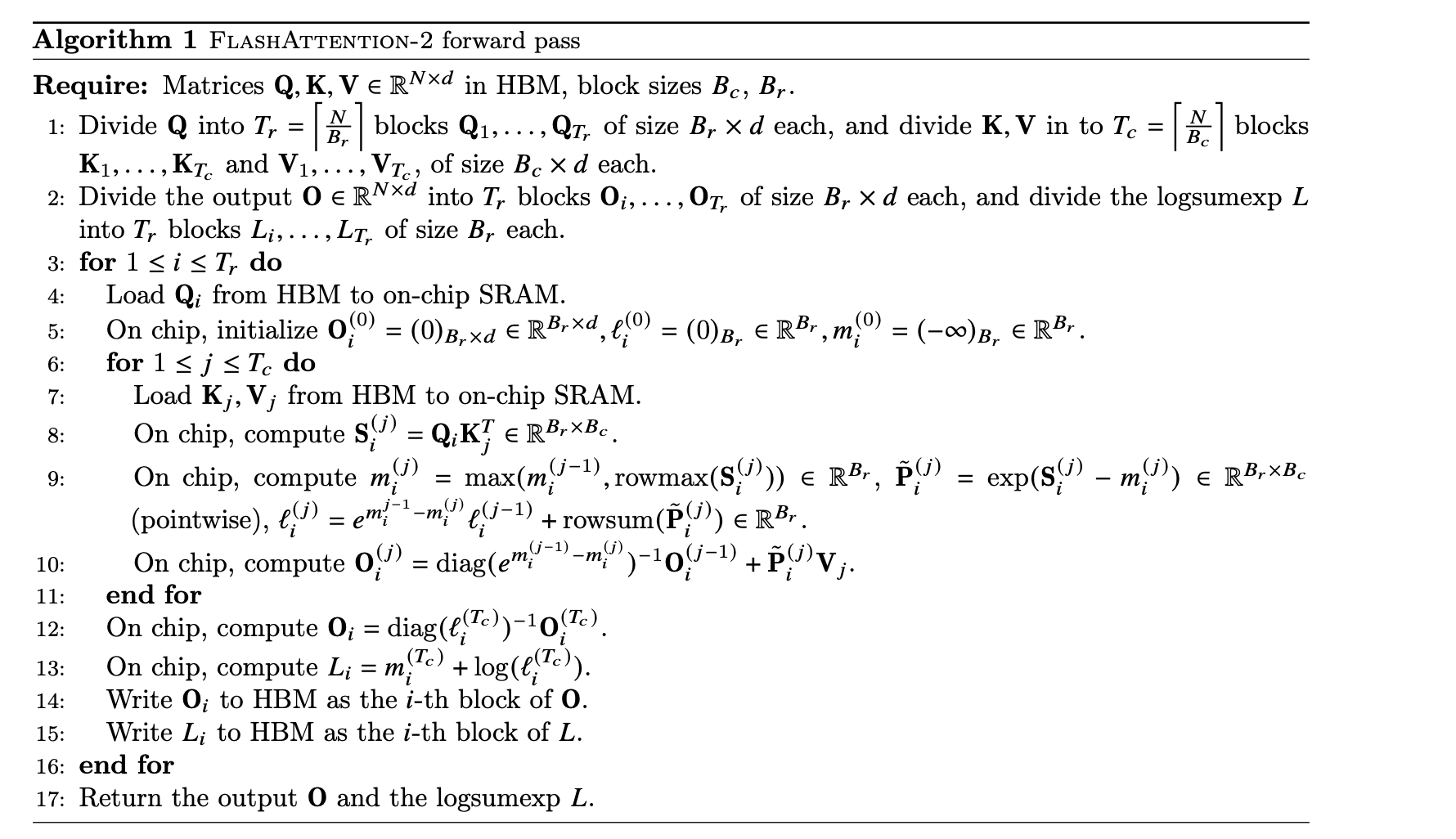 FlashAttention-2 forward pass algorithm pseudocode
