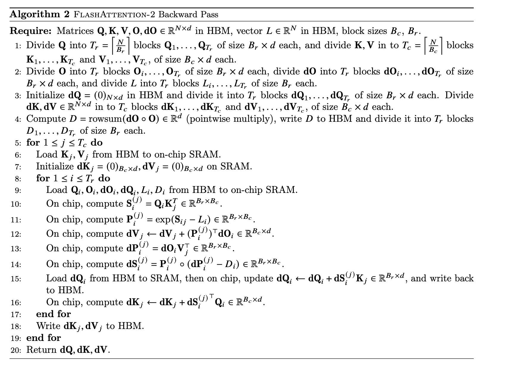 FlashAttention-2 backward pass algorithm pseudocode