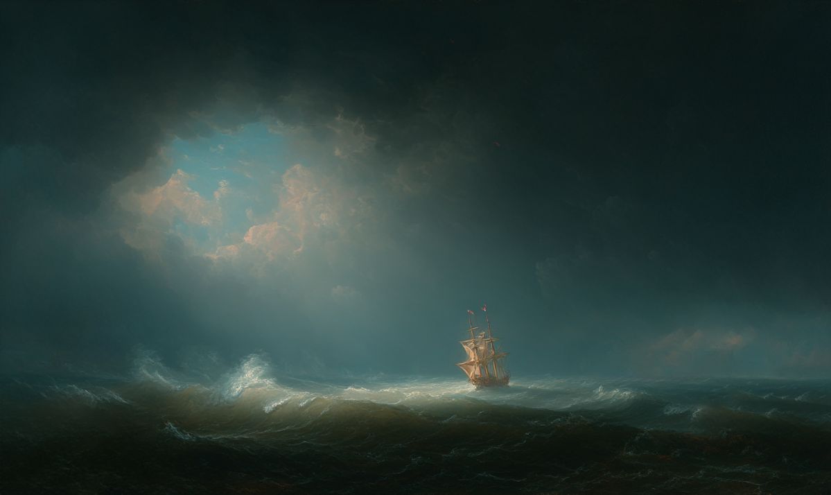 A lone ship navigating stormy seas under a breaking sky